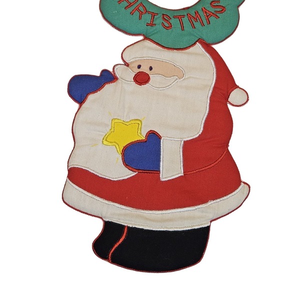 Vintage Fabric Merry Christmas Door Knob Hanger Santa Star Wreath - Picture 3 of 8